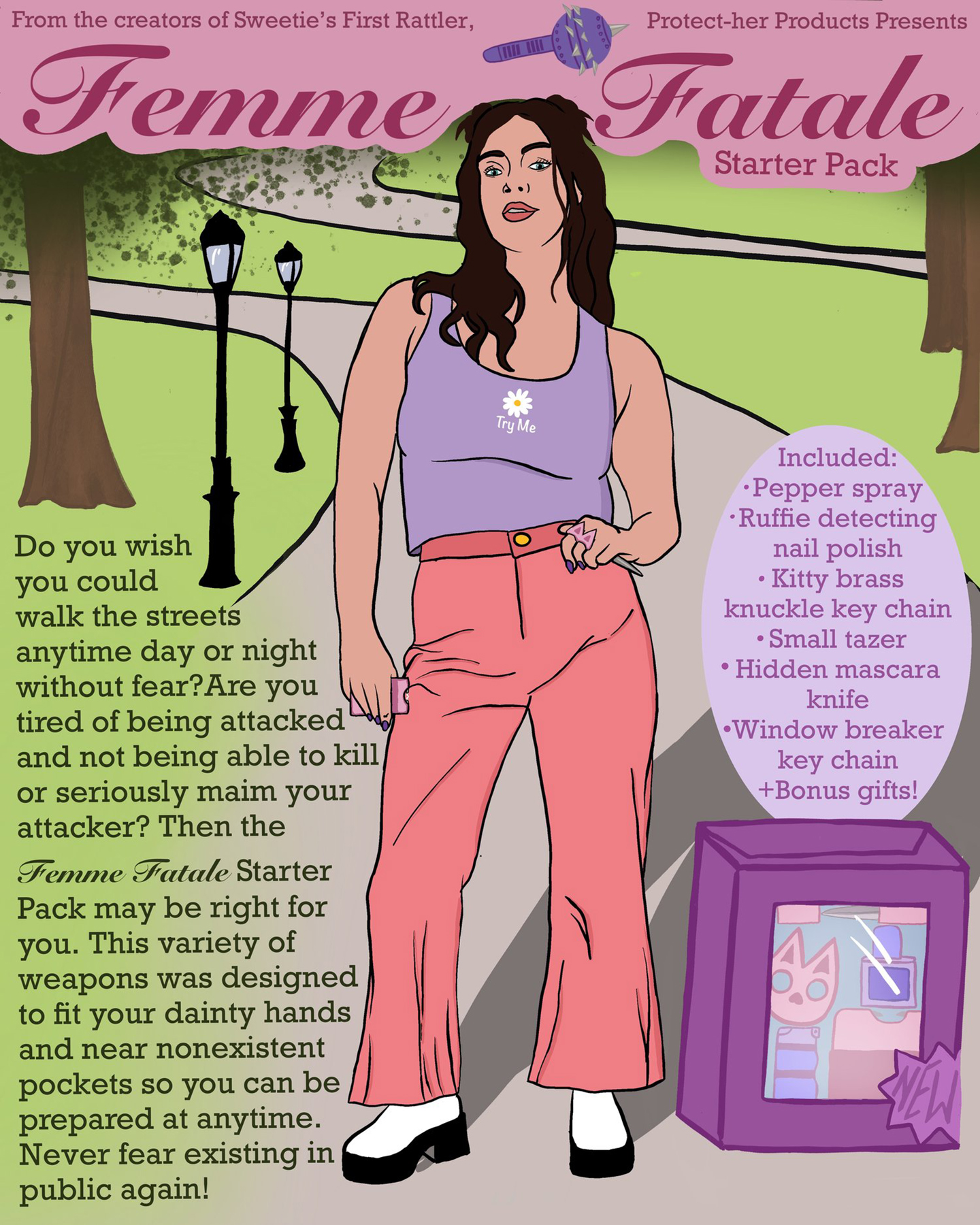 Digital drawing ad of a woman with a box of protective products