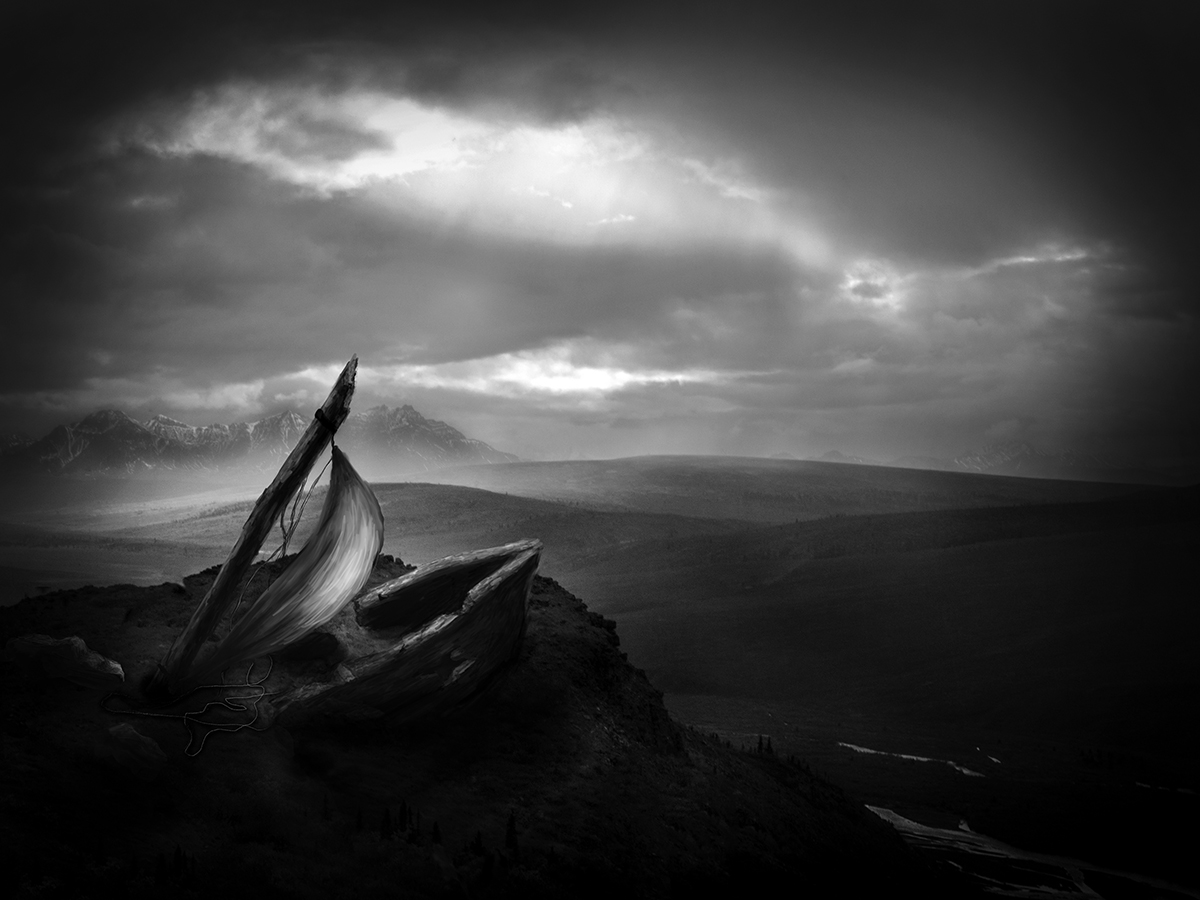 Black and white digital painting of a shipwreck on a photograph of a mountaintop