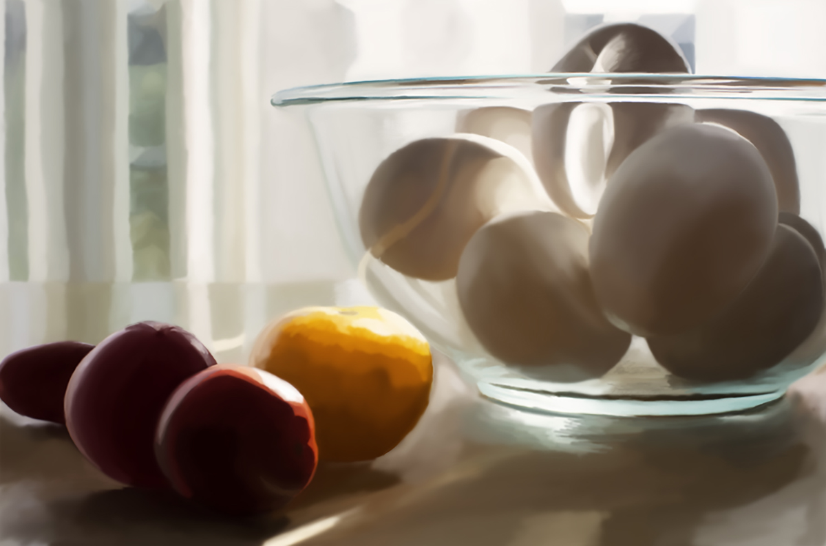 Digital painting of eggs in a bowl next to red and yellow tomatoes