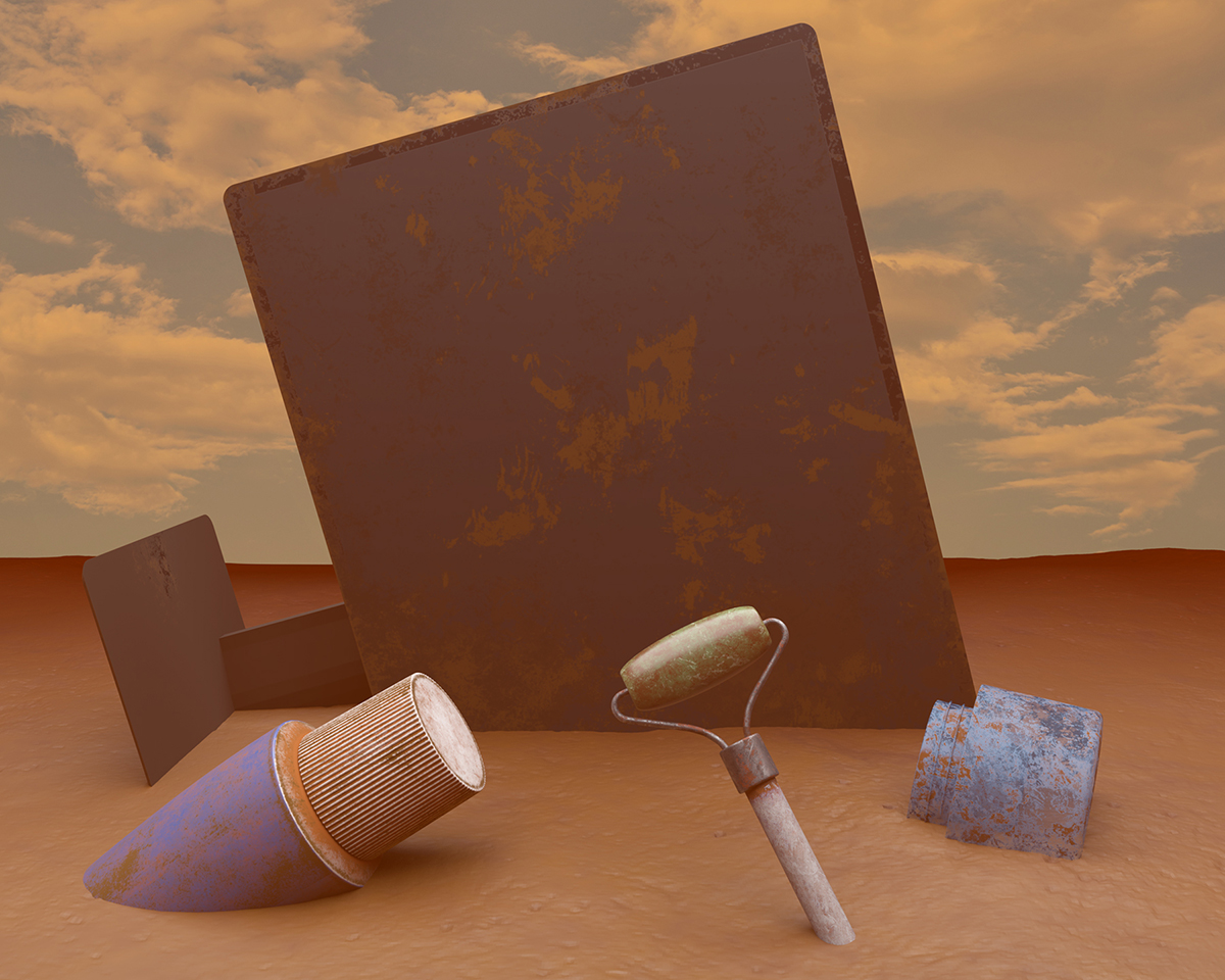 Still Life 5 by Robert Wilcox- a digital image containing a monitor and cosmetic tools half buried in sand.