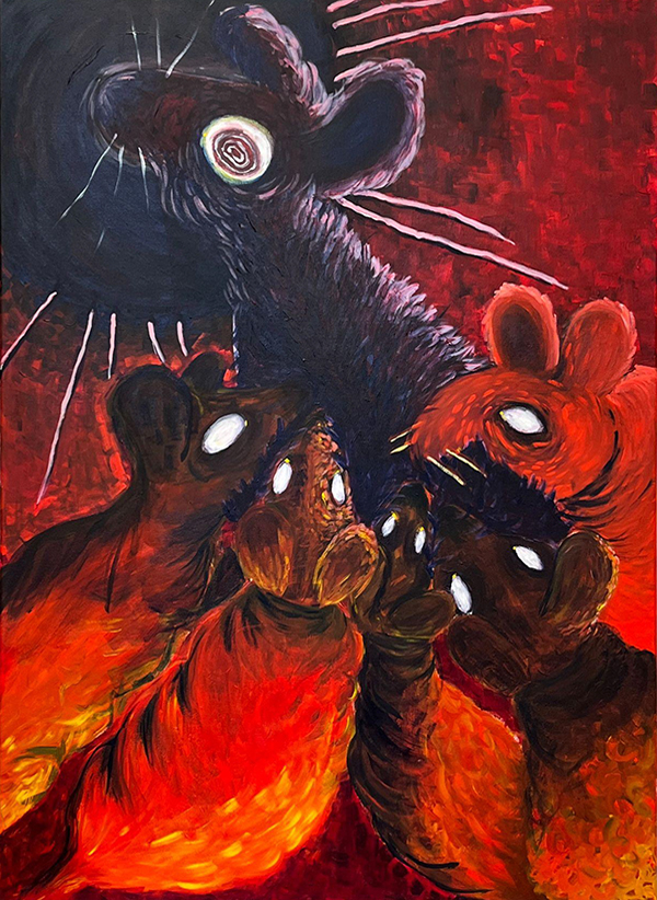 A predominately red painting with the focus on a large black hare-like creature surrounded by smaller red ones