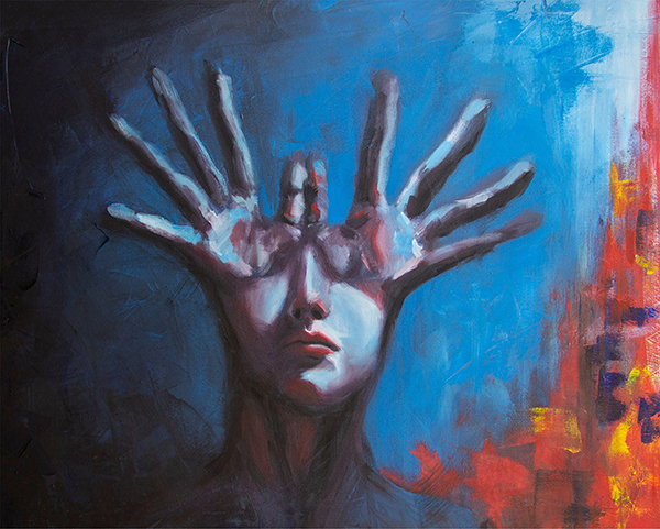 A surreal portrait of a woman with hands protruding from the top of her head like antlers