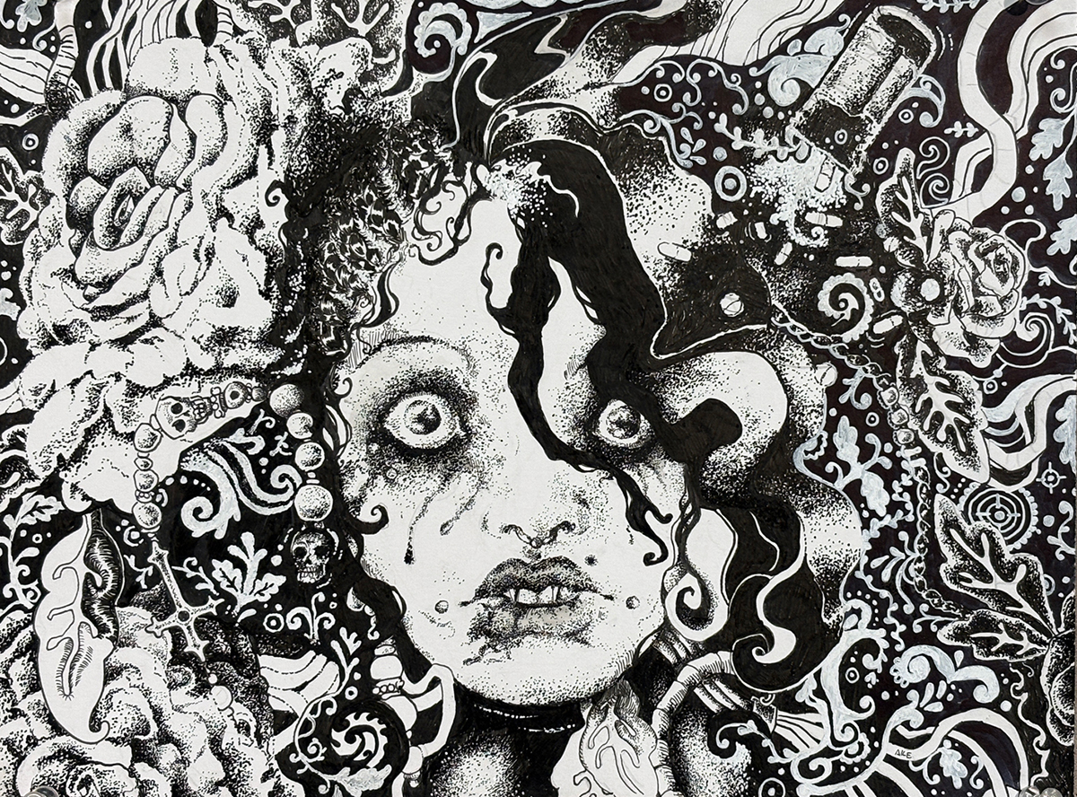 Black and white pen portrait of a woman