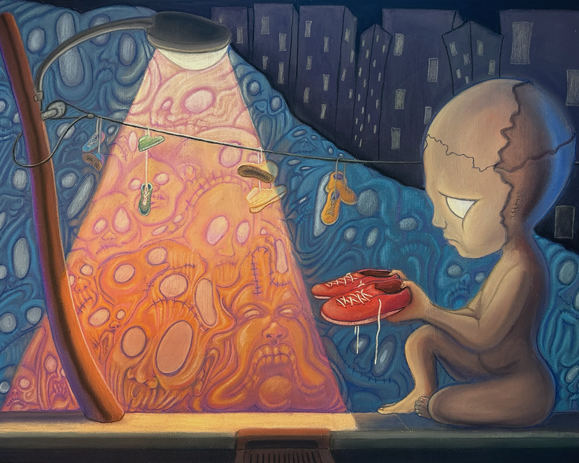 Children of the Burning Night, pastel on board by Kevin Carroll from his BFA thesis exhibition, The Sick. A figure holds a pair of red shoes just outside of the glow of a streetlight