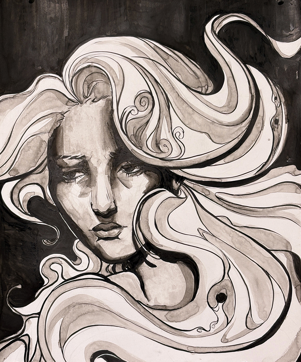 Pen and ink portrait of a sad woman with long, flowing hair