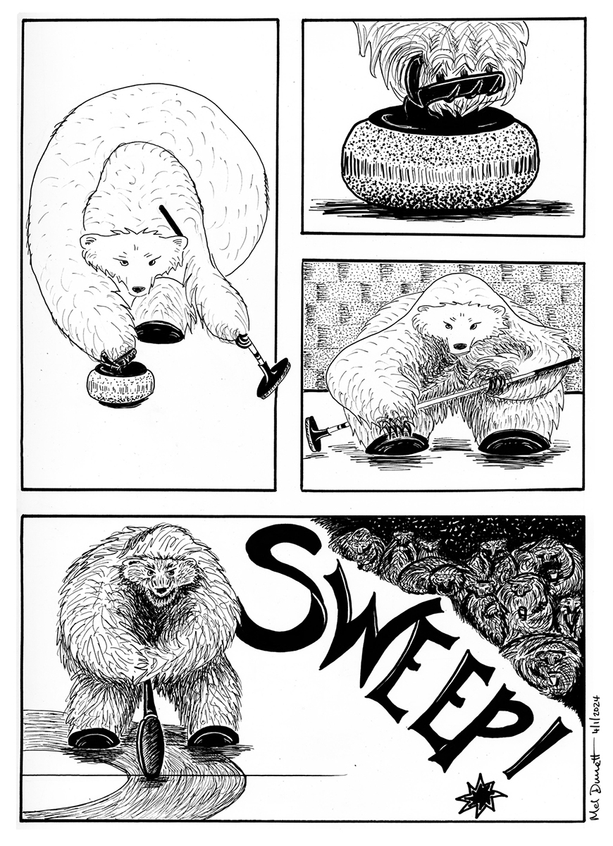 black and white panels from a comic of a polar bear curling