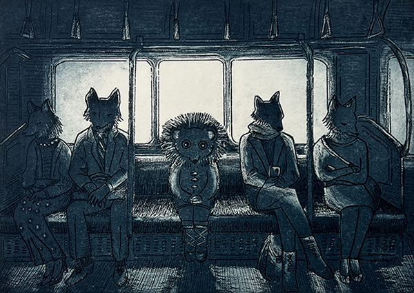 A deep blue intaglio image of passengers on a train with fox heads and human bodies, wearing suits. A central figure, a mouse, looks back at the viewer from under the hood of their parka.
