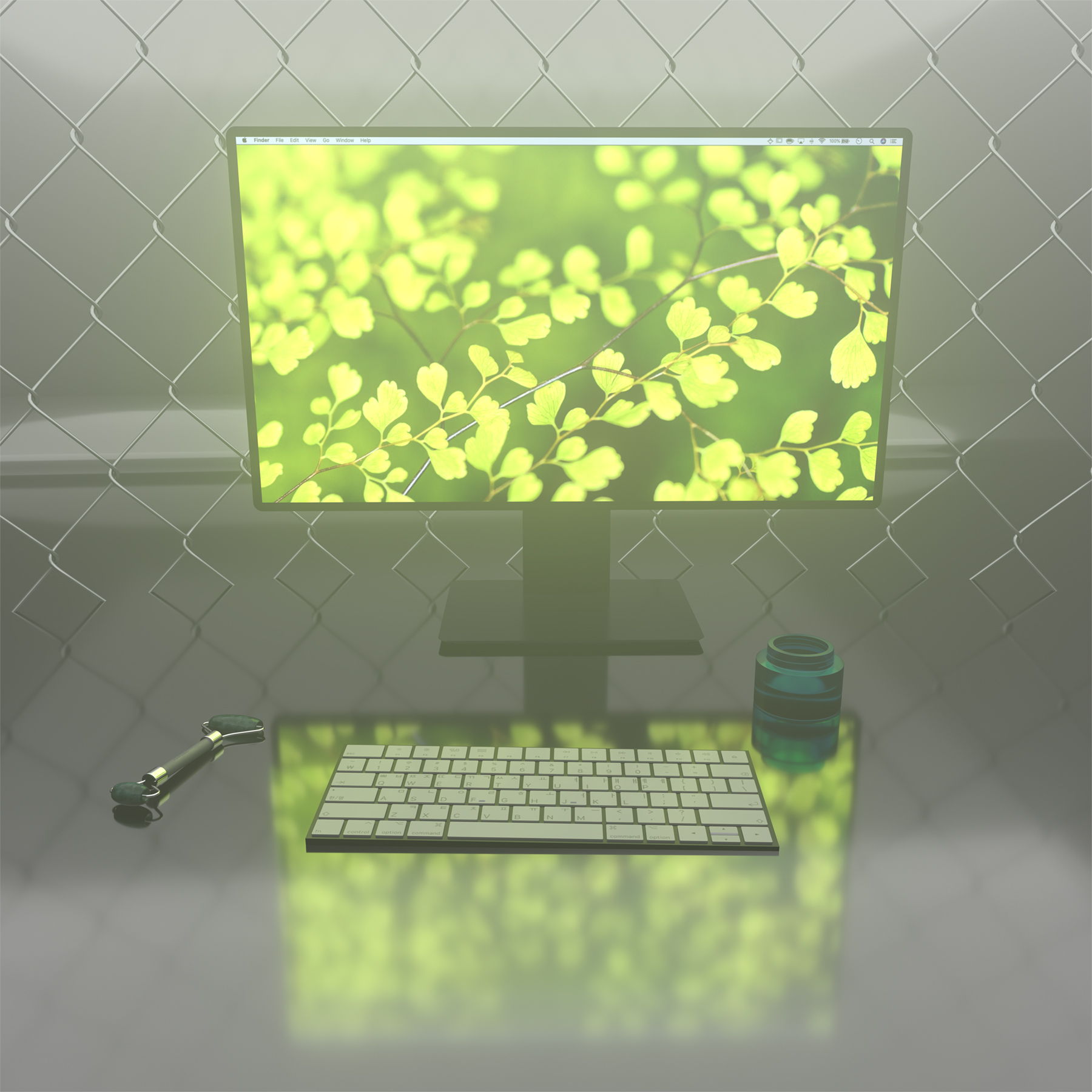 Digital image of a glowing computer screen in front of a chain link fence with beauty products, image courtesy of Robert Willcox