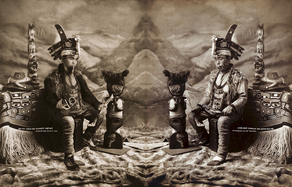 Photomanipulation juxtaposing an old image of tlingit shaman with a modern artist. Image by Da-Ka-Xeen Mehner