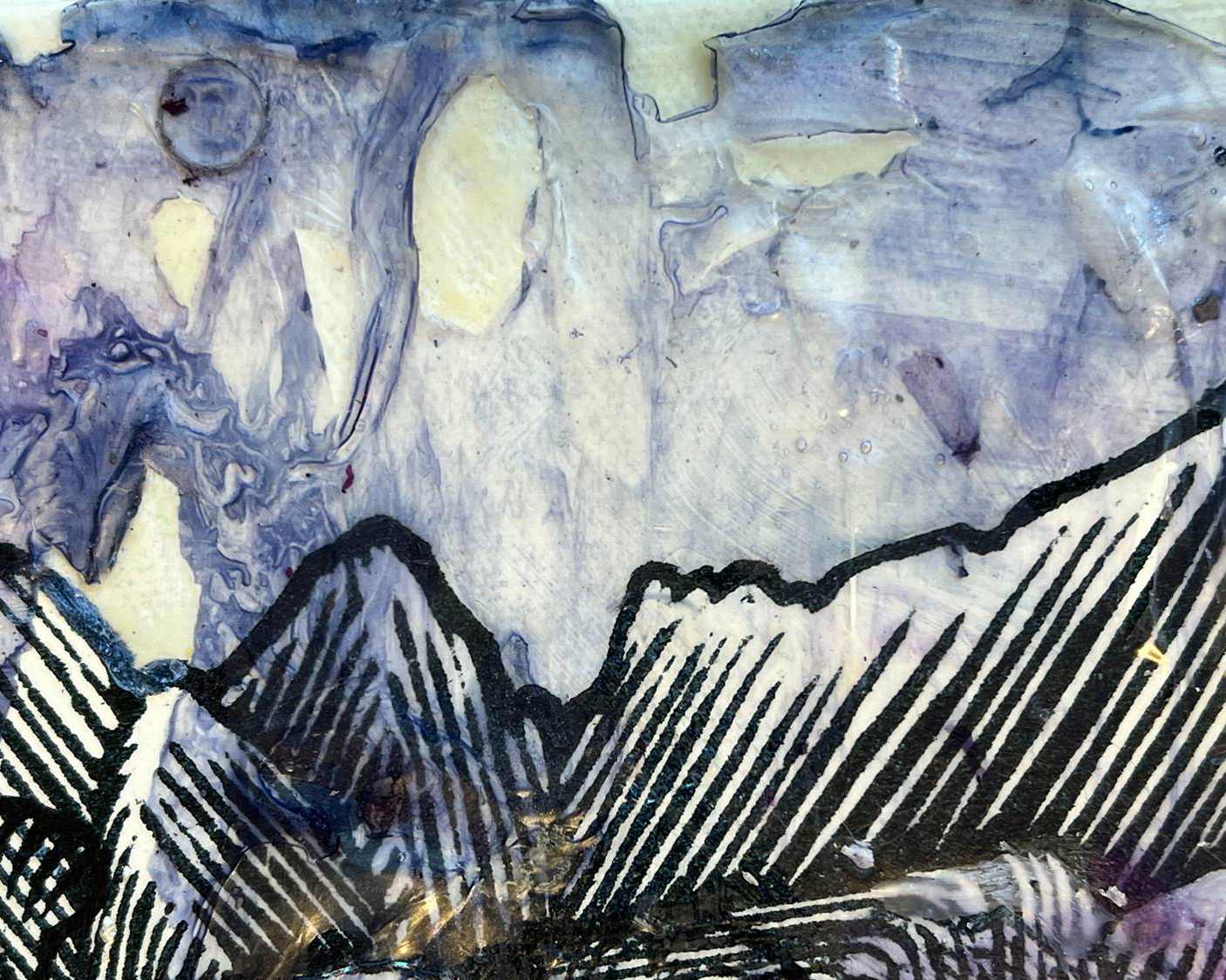 Line-work mountains over a purple abstract background