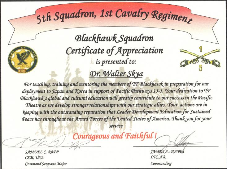 Certificate of appreciation presented to Dr. Skya from the Blackhawk Squadron