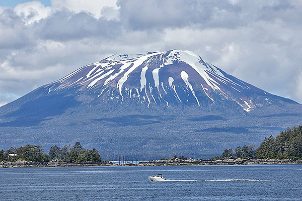 Mount Edgecumbe volcano, located about 10 miles across Sitka Sound from the city of Sitka, reawakened in early 2022. The volcano is shown in this June 3, 2023, photograph. UAF photo by JR Ancheta.