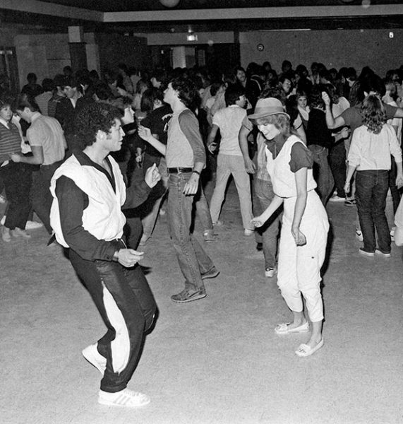 Charles Stevenson, left, takes to the floor in the Hess Rec Center during a dance he helped DJ as “Grandmaster Dr. C” in 1984. Mike Belrose, courtesy of the Fairbanks Daily News-Miner.