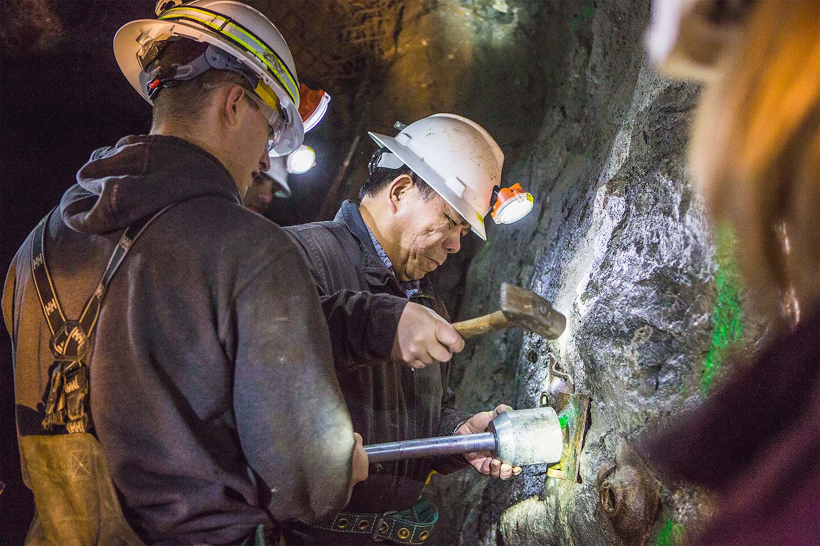 Mining and geological engineering Professor Gang Chen leads a Rock Mechanics lab at the Silver Fox Mine in April 2017. UAF photo by JR Ancheta