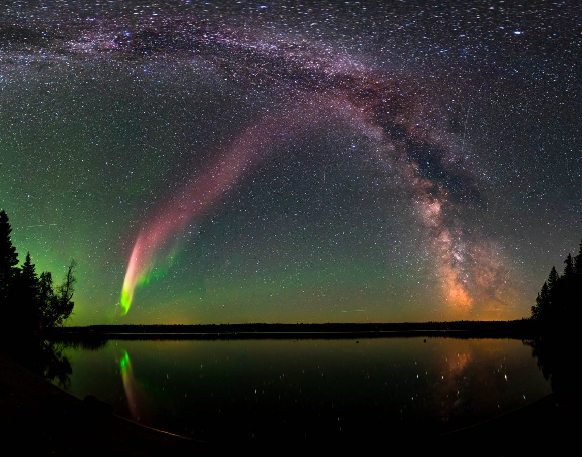 Scientists have recently confirmed STEVE is a unique phenomenon and not a kind of aurora. The picture is a composite of 11 images stitched together. Image courtesy of Krista Trinder and NASA.