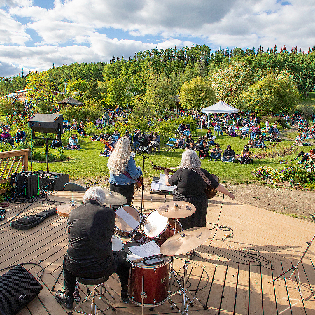 Members of Cold Steel play an ensemble of music with steel drums during a UAF Summer Sessions’ Music in the Garden concert at the Georgeson Botanical Garden in 2015. UAF photo by JR Ancheta.