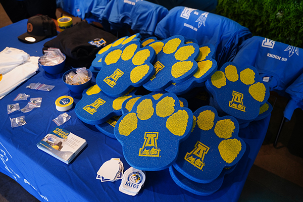 A variety of blue and gold gear was ready for the UAF alumni and supporters who gathered in Arizona in February 2024 to see the Alaska Nanooks take on the Arizona State University Sun Devils. Photo by Shayna Goldberg.