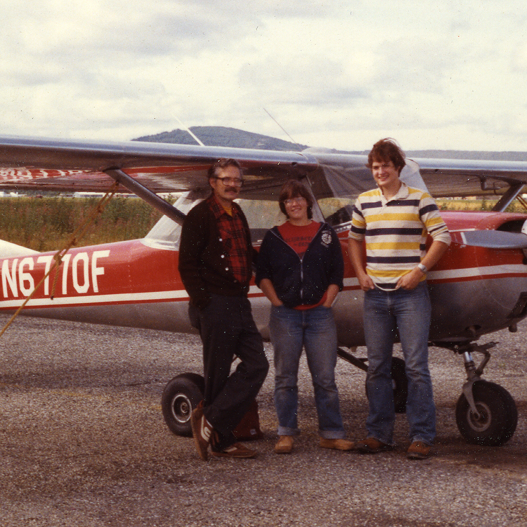 Jerry Swartz stands with his daughter Judy and son Dave in front of a Cessna 150, the first plane Jerry bought. It was later replaced with a Cessna 180, whose engine Jerry overhauled. Photo courtesy of Peggy Swartz.