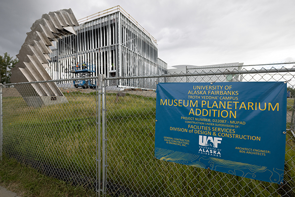 Planetarium construction continues at the west side of the University of Alaska Museum of the North on UAF’s Troth Yeddha’ Campus in Fairbanks in August 2025. Photo by Bryan Whitten.