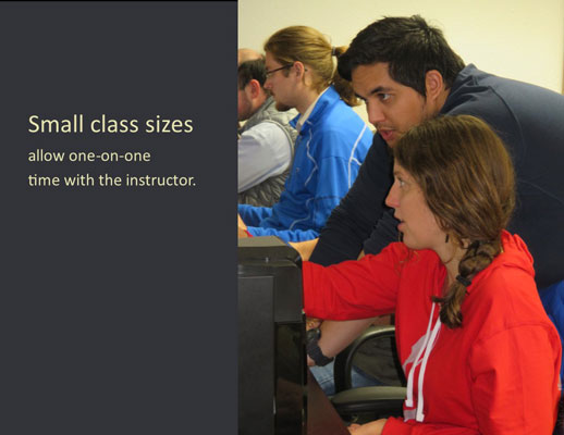 Students in the fab lab - superimposed text - Small class sizes allow one-on-one time with the instructor.