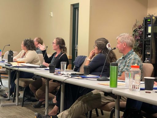 Four people at a conference table look to the left.