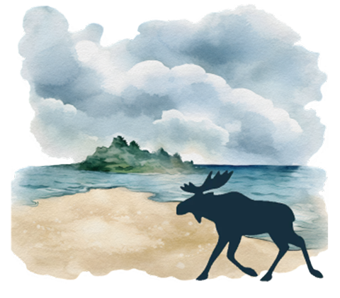 Graphic image of moose on beach of a lake on a cloudy day