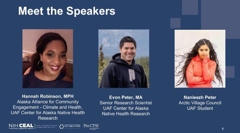 Graphic introducing three speakers, Hannah Robinson, Evon Peter, and Nanieezh Peter