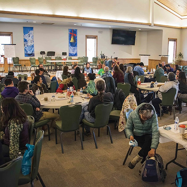 Everyone eating lunch during a breakout.