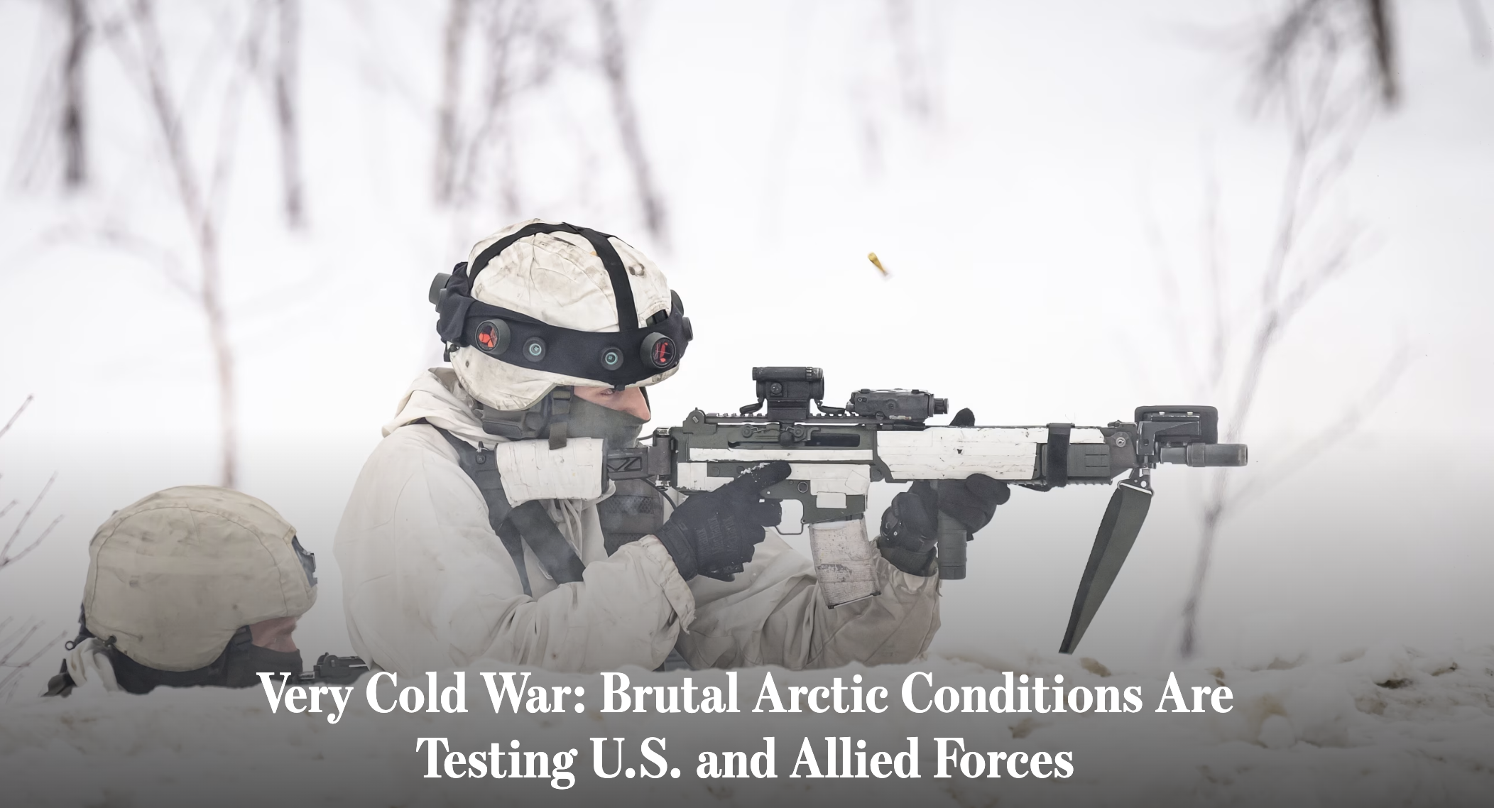 man with gun aims with snowy background