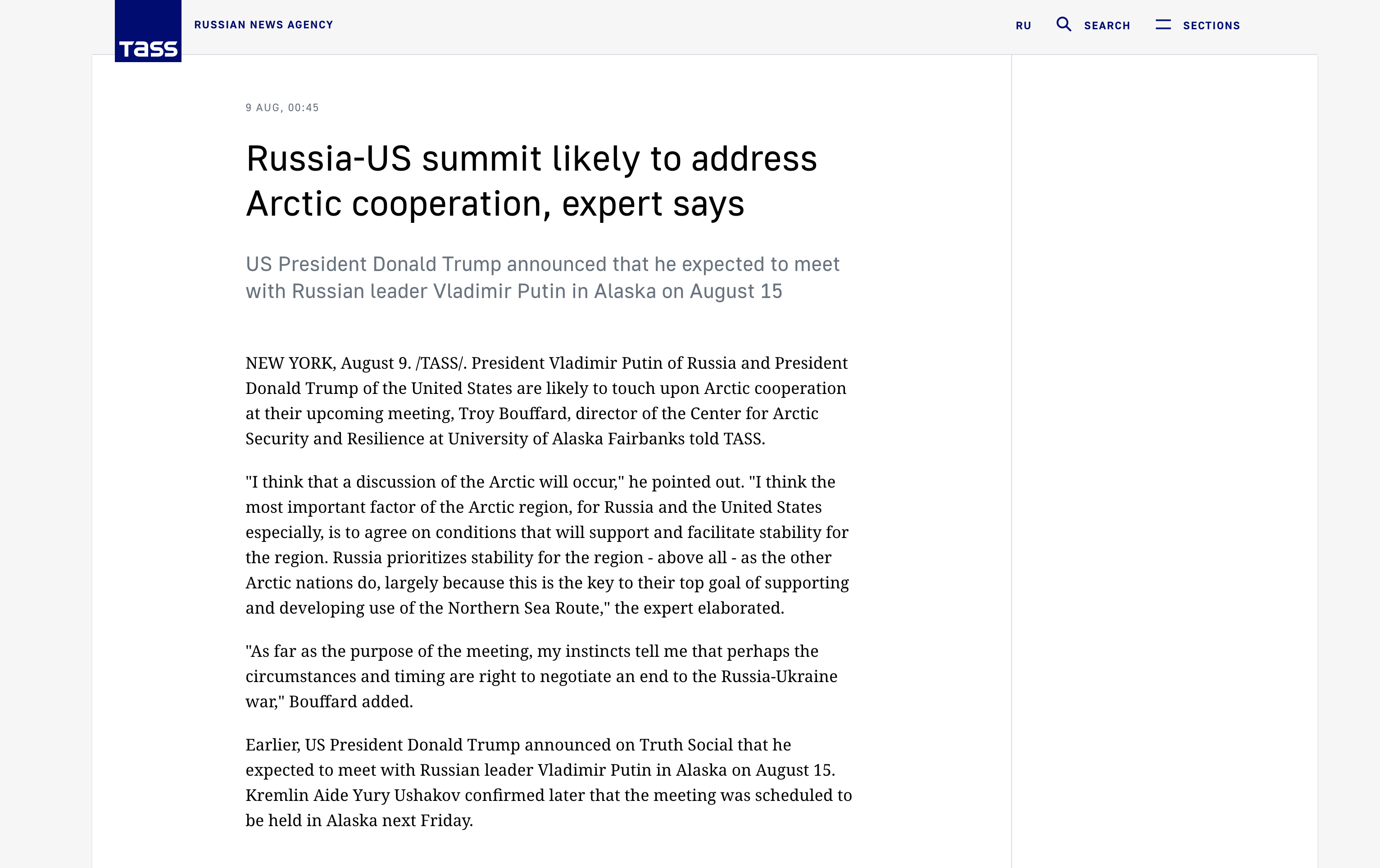 screenshot of article website from Russian News Agency