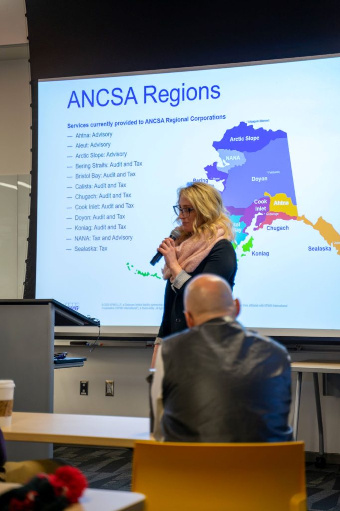 Melissa Jay presents about ANCSA with map of Alaska