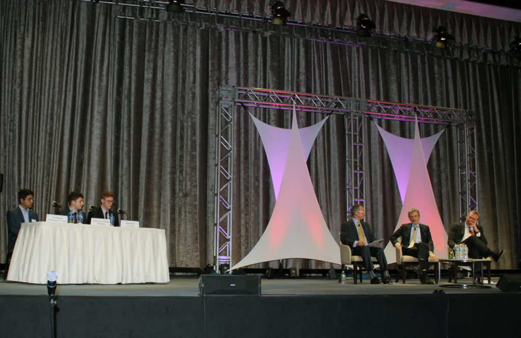 SIF student Lutfi Lena (center, left) was a student panelist at the Quinnipiac G.A.M.E. Forum, invited on stage to to ask questions of corporate governance experts