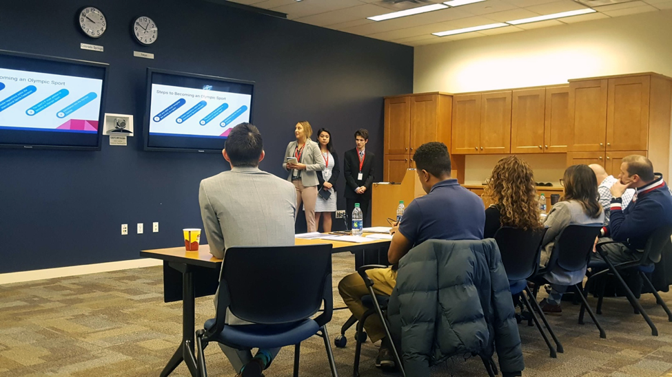 Lisa Laiti, Abigaol Angaiak and Jack Matherly present their case study to a panel of staff within the Olympic and Paralympic movement 