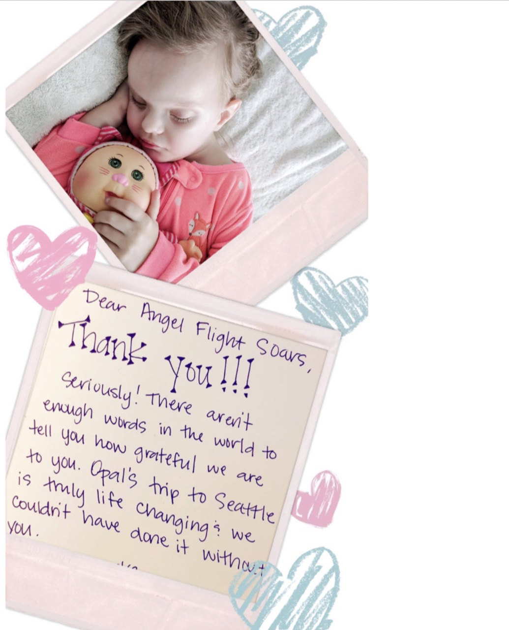 Opal Padgett, an Angel Flight Soar's patients, sleeping in a photo with a thank you note that was sent to Angel Flight Soars and Ben Cason.
