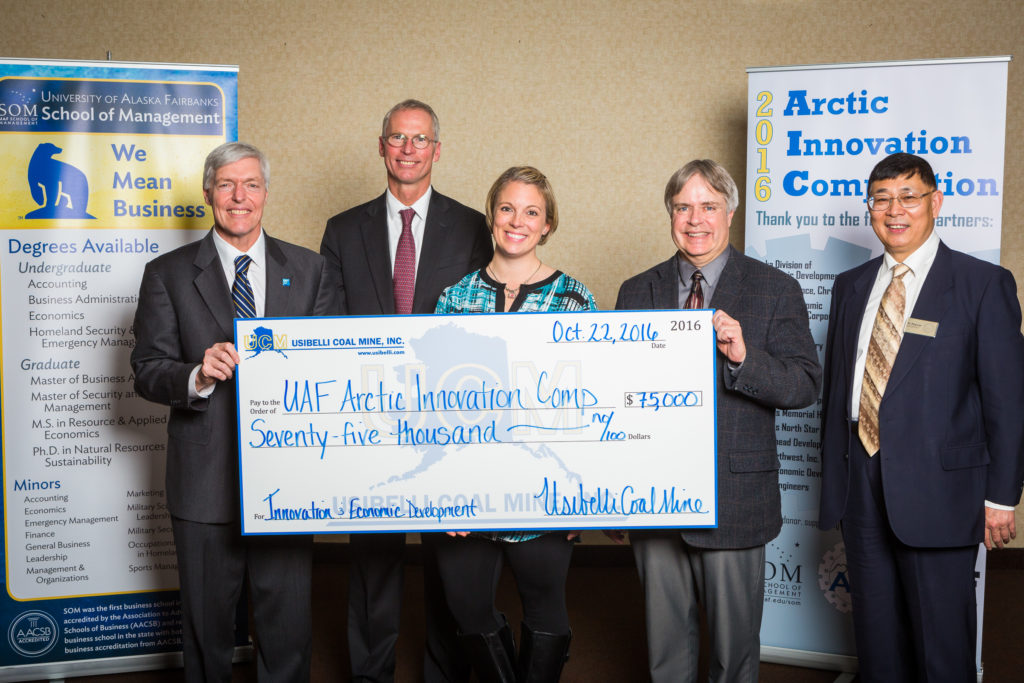 UAF Chancellor Dana Thomas, UA President Jim Johnsen, UCM VP of Public Relations Lisa Herbert, SOM Dean Mark Herrmann, and Dr. Ping Lan at AIC 2016