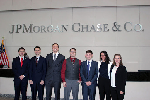 SIF Students at JP Morgan Chase & Co. during a trip to New York City in March, 2018 (L to R): Peter Freymueller, Jeremy Weaver, Ben Carstens, JP Landry, Lutfi Lena, Anni Uhl and Celie Hull