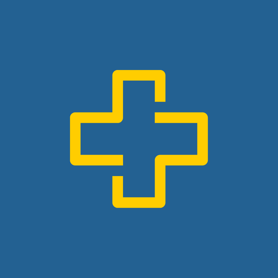 healthcare cross icon, yellow with blue background