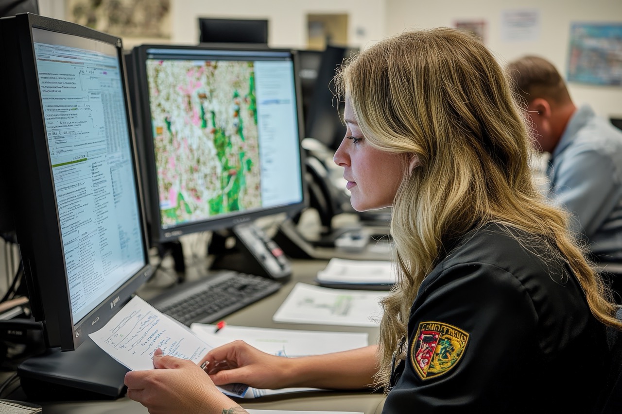 police woman works at dispatch desk