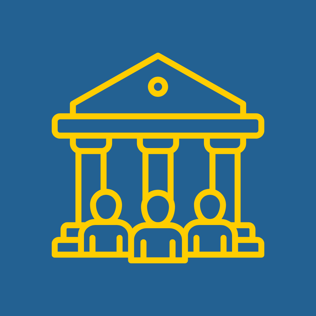 yellow icon of government building with blue background