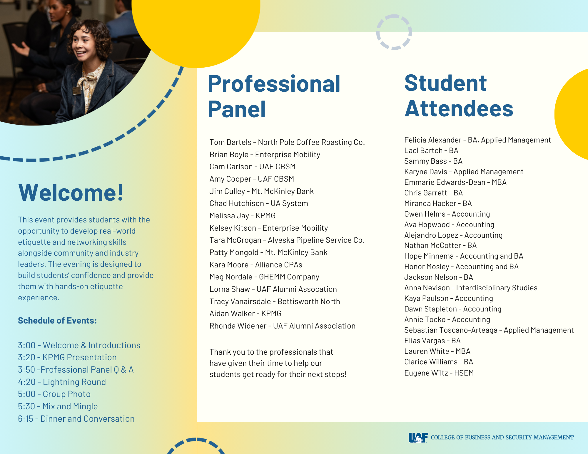 blue and yellow trifold program naming participants 