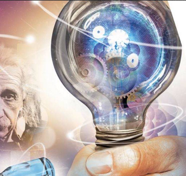 Light Bulb in hand with images floating around it