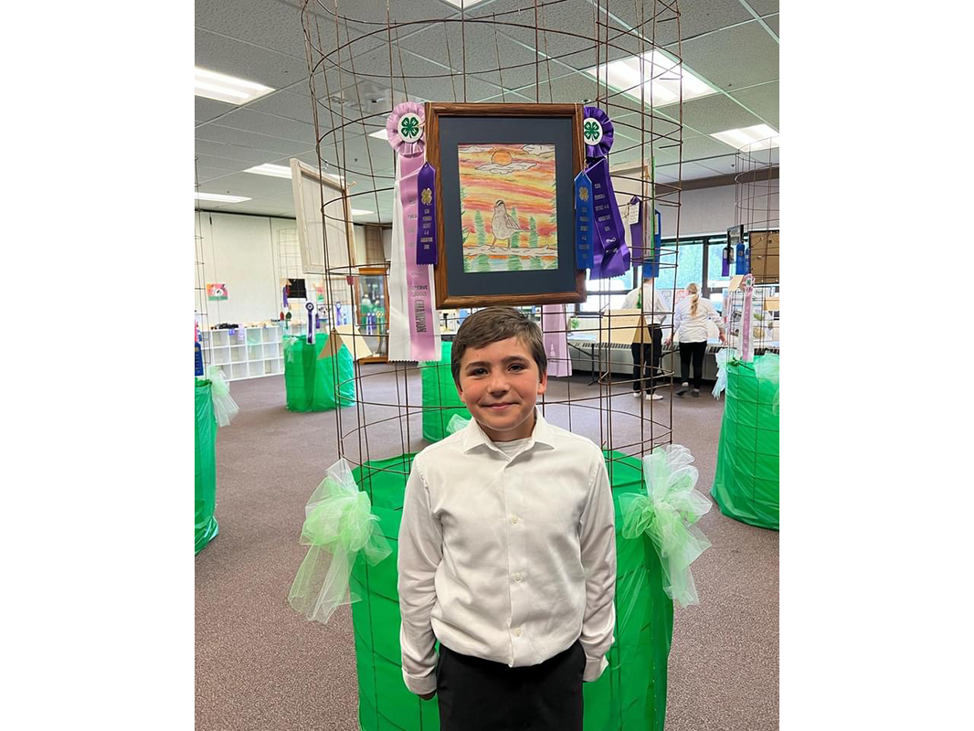 A boy stands in front of a colorful art display