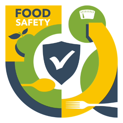 food safety graphic with fork, spoon, scale and apple