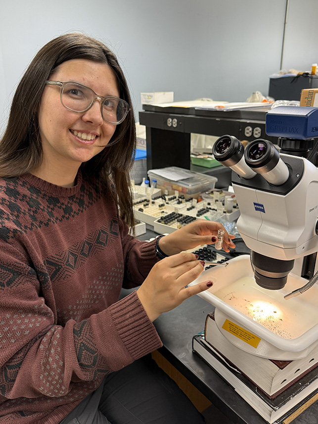 Intern working in research, doing lab work with a microscope