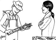Cartoon illustrating two people talking, examing a tool