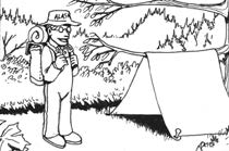 Cartoon showing a man standing outside a tent