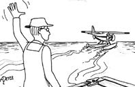 A cartoon illustrating a man waving to an airplane