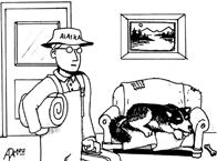 Cartoon displaying a man inside a cabin