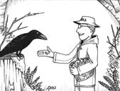 Cartoon showing a man holding food out for a bird