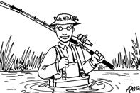 Cartoon illustrating a man standing in a river with a fishing rod
